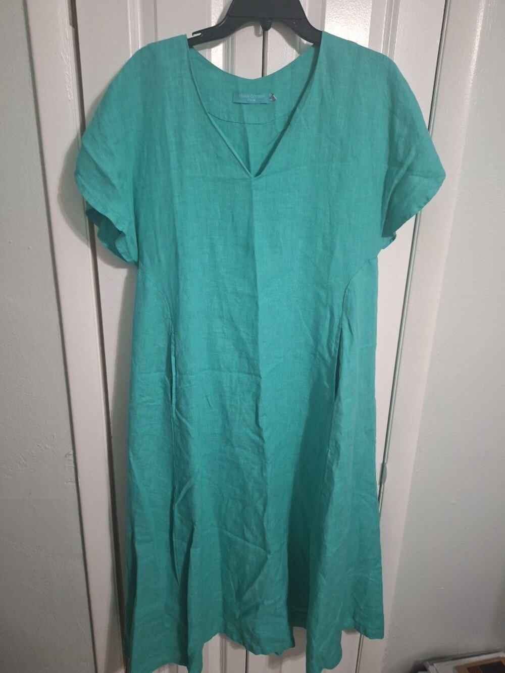 HARIS COTTON CURVE:  CRYSTAL BLUE LOOSE LINEN DRESS